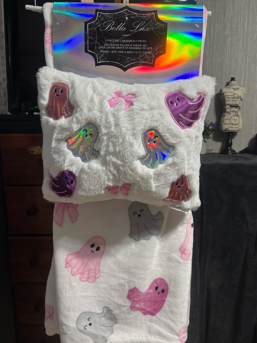 Bella Luxx White and Pink Ghost Plush Pillow & Throw Set